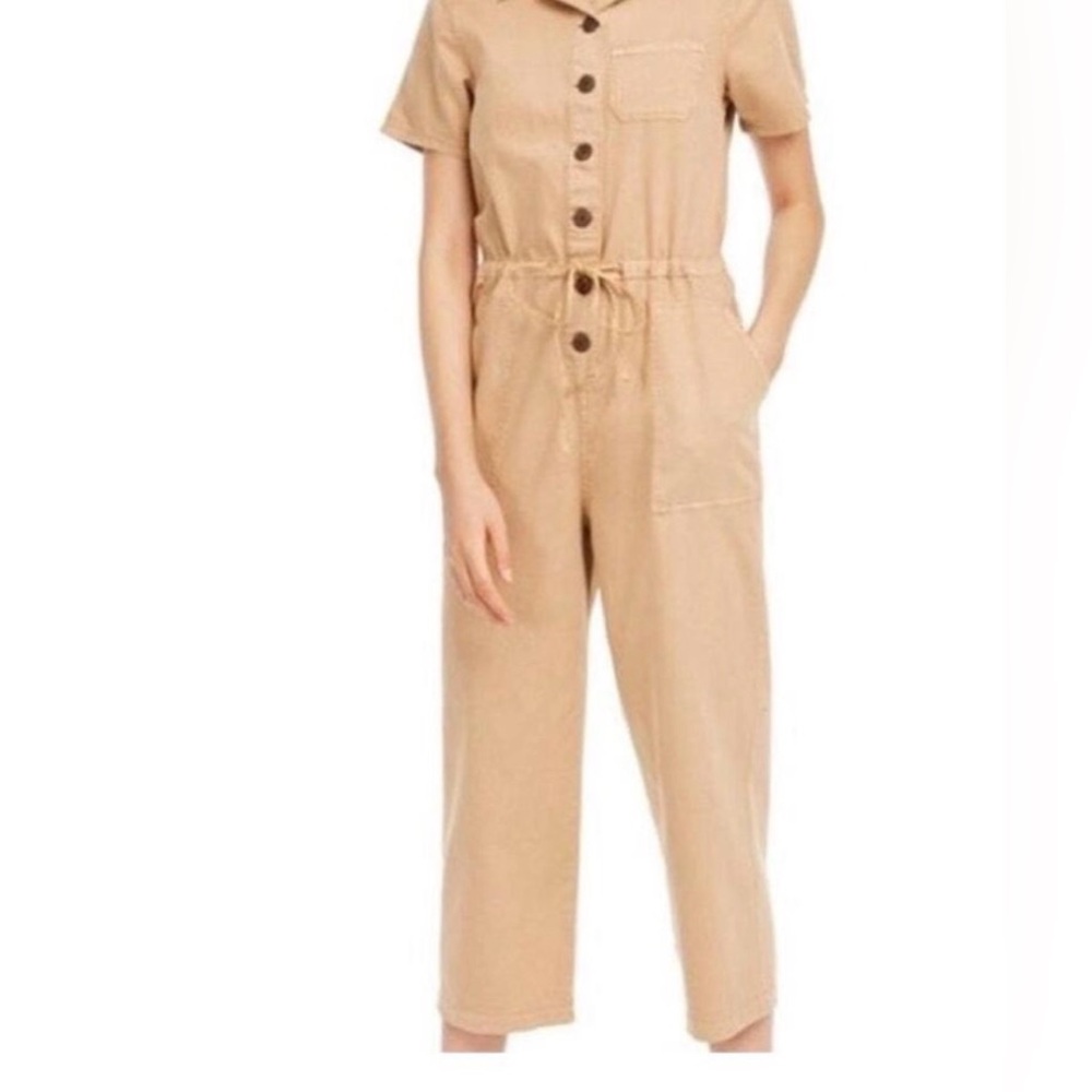 OAT New York Tan Utility Jumpsuit Womens Waist Button Front Short Sleeve Size XL